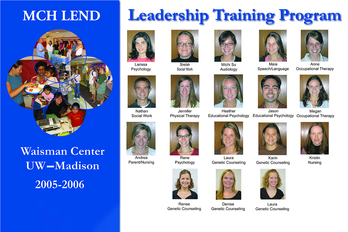 On the left side, there is "MCH-LEND" in white text over a blue panel. Below this is the Waisman Center logo with photos of WI LEND trainees with children and standing together. Below is the text "Waisman Center UW-Madison 2005-2006". To the right are 2005-2006 LEND trainees' headshots, over a white background, in rows and columns with their names and disciplines under each photo. Above their headshots is the text "Leadership Training Program" in blue.