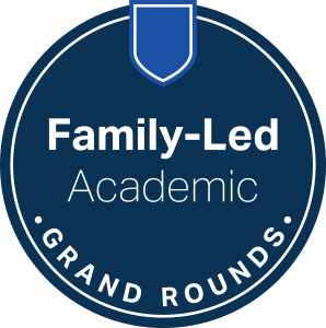 Navy blue circle with the words "Family-Led Academic Grand Rounds" inside of it.